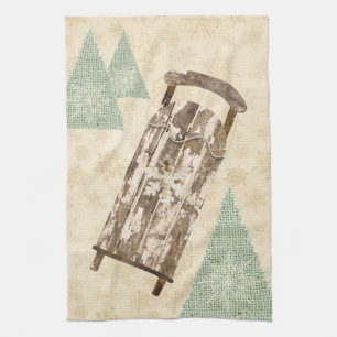 Vintage winter sled snowflakes trees rustic kitch tea towel