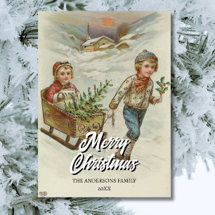 Vintage Winter Sleigh Ride with Christmas Tree Holiday Card