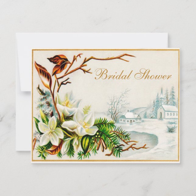 Vintage Winter Snow Church & Lilies Bridal Shower Invitation (Front)