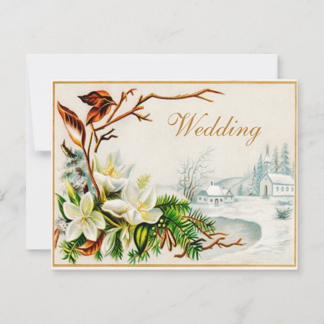 Vintage Winter Snow Church & Lilies Wedding Invitation (Front)