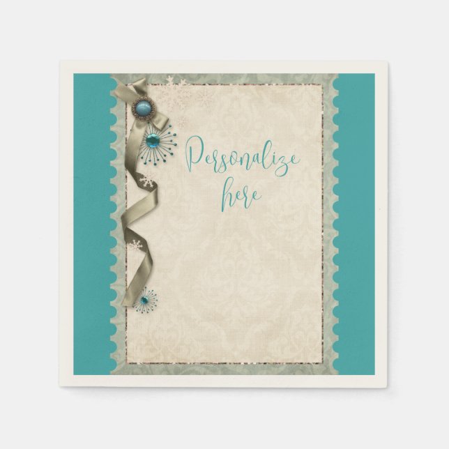 Vintage Winter snowflake ribbon damask  gold teal Napkin (Front)