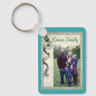 Vintage Winter snowflake ribbon damask photo Key Ring