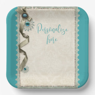 Vintage Winter snowflake ribbon damask teal Paper Plate