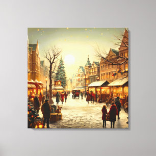 Vintage Winter Snowy Christmas Market Town Canvas Print