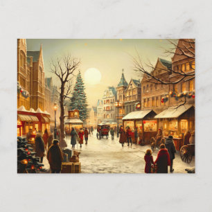 Vintage Winter Snowy Christmas Market Town Holiday Postcard