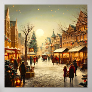 Vintage Winter Snowy Christmas Market Town Poster