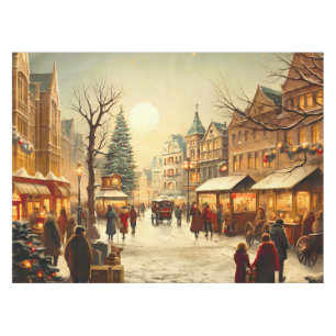 Vintage Winter Snowy Christmas Market Town Tablecloth