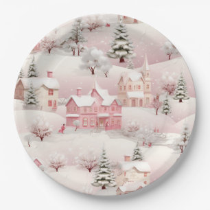 Vintage Winter Snowy Village Scenery Paper Plate