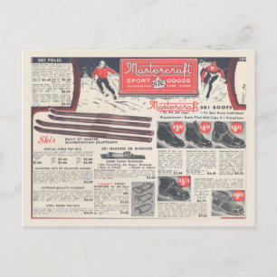 Vintage winter sports equipment advertising postcard