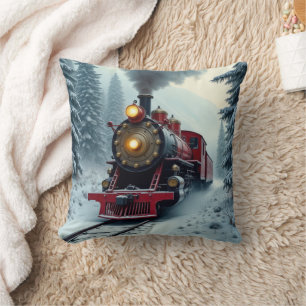 Vintage Winter Steam Locomotive Cushion