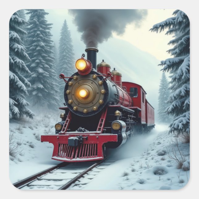 Vintage Winter Steam Locomotive Square Sticker (Front)