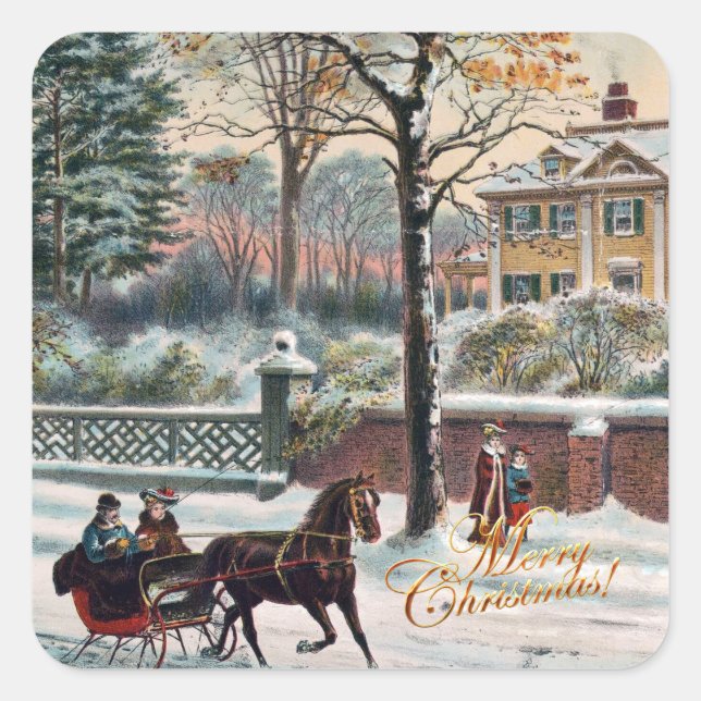 Vintage Winter Street Merry Christmas Square Sticker (Front)