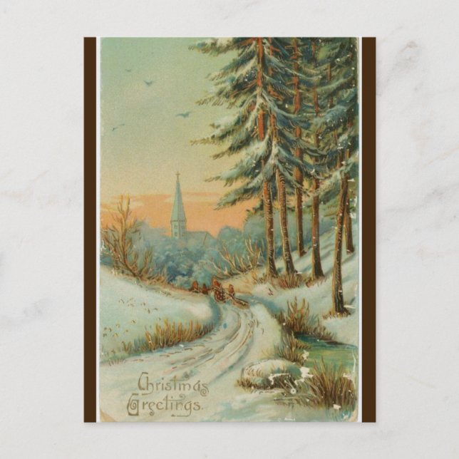 Vintage Winter Sunset Trees and Church Christmas Postcard (Front)