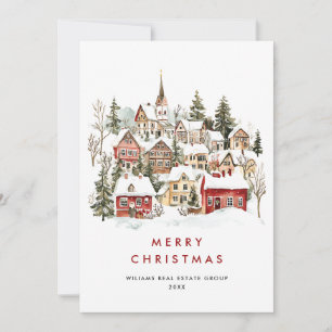 Vintage Winter Town Christmas Tree Corporate Holiday Card