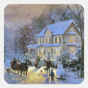 Vintage Winter Town Christmas tree Square Sticker
