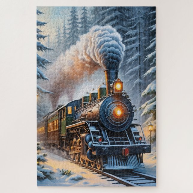 Vintage Winter Train Scenic Artwork Jigsaw Puzzle (Vertical)