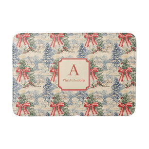 Vintage Winter Village Christmas Red Bow Monogram Bath Mat
