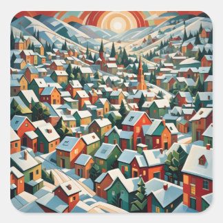 vintage winter village in the snow square sticker
