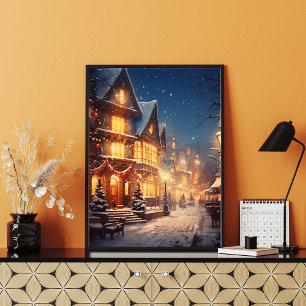 Vintage Winter Village: Snowy Town Square Poster