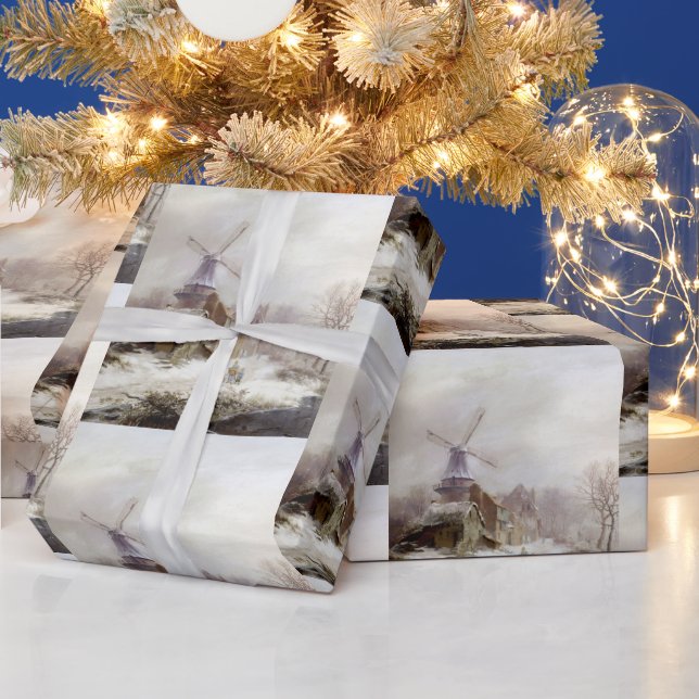 Vintage Winter Windmill snowy landscape Wrapping Paper (Holidays)