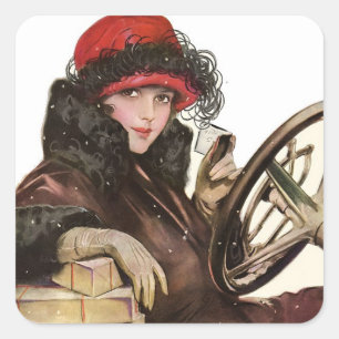 Vintage Winter Woman Driving Christmas Square Sticker