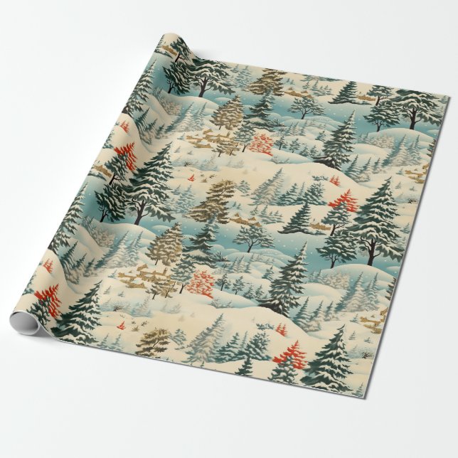 Vintage Winter's Haven Snowy Landscape Wrapping Paper (Unrolled)
