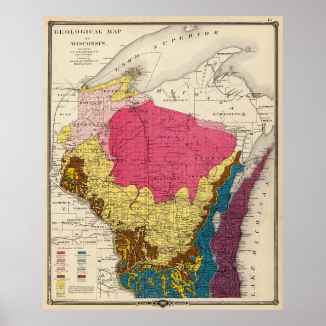 Vintage Wisconsin Geology Map (1878) Poster (Front)