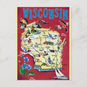 Vintage Wisconsin Map  Postcard