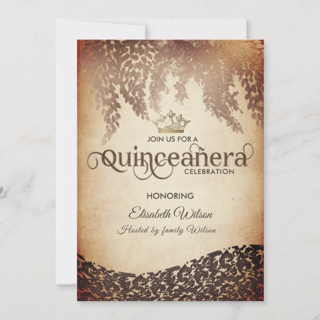 Vintage wisteria damask gold tiara Quinceañera  Invitation (Front)