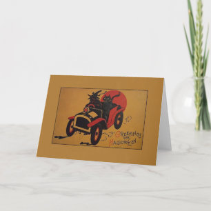 Vintage Witch And Black Cat In Car Halloween Card