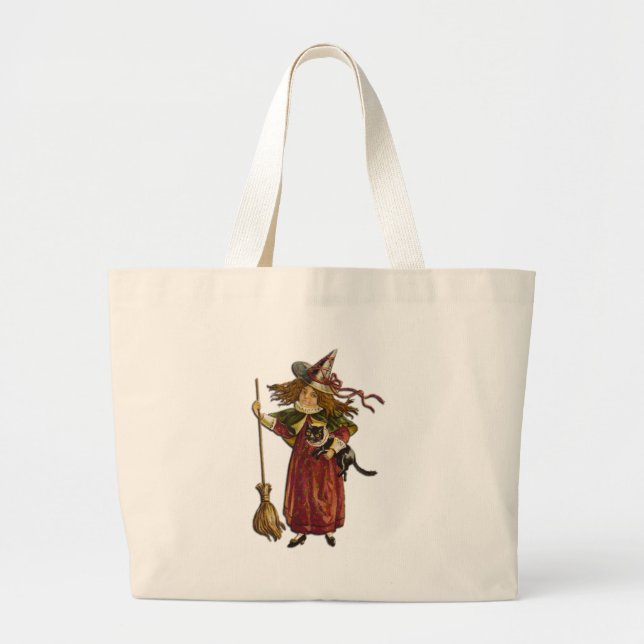 Vintage Witch and Black Cat Large Tote Bag (Front)