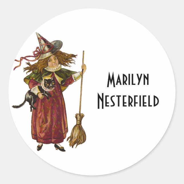 Vintage Witch and Cat Classic Round Sticker (Front)