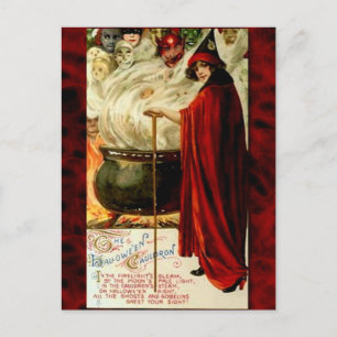 Vintage Witch and Cauldron Halloween Holiday Postcard