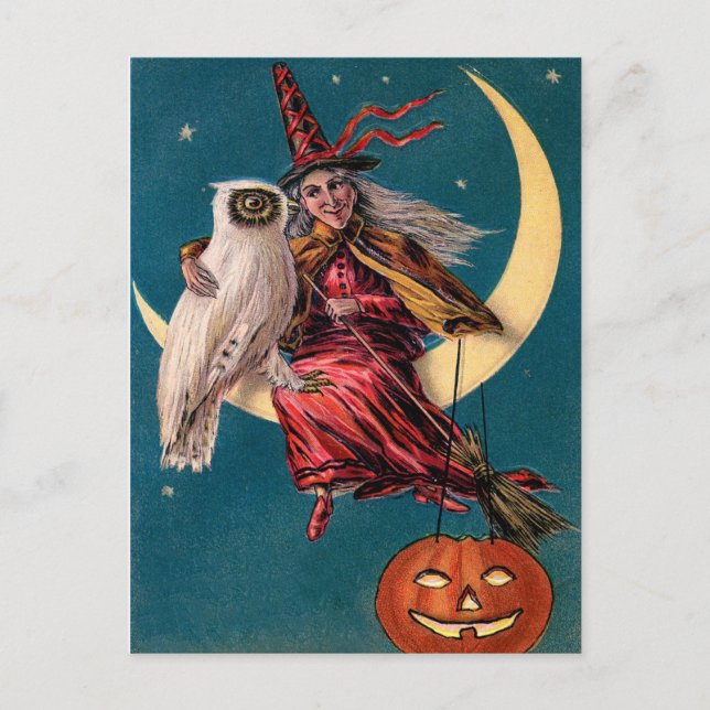 Vintage Witch and Owl Happy Halloween Greeting Postcard (Front)