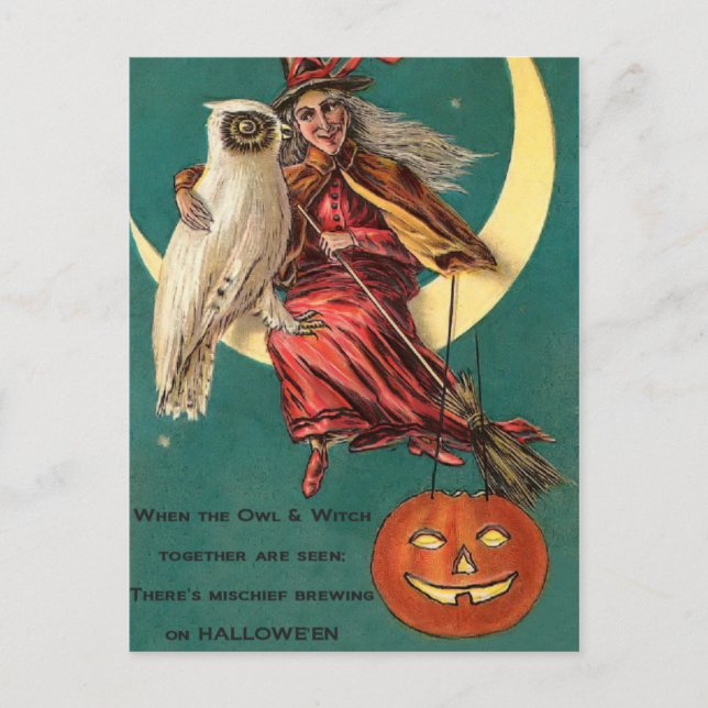 Vintage Witch and Owl Postcard (Front)