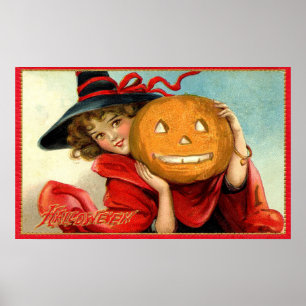 Vintage witch and pumpkin Halloween party poster