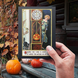 Vintage Witch Black Cat Pumkin Halloween Holiday Postcard