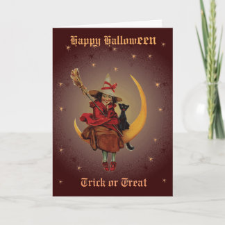 Vintage Witch & Black Cat Sitting on the moon Card