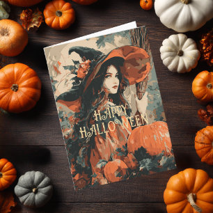 Vintage Witch Broom Pumpkin Elegant Halloween Card