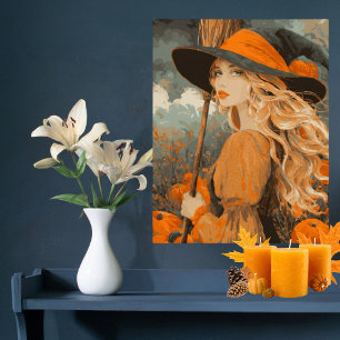 Vintage Witch Broom Pumpkin Elegant Halloween Poster