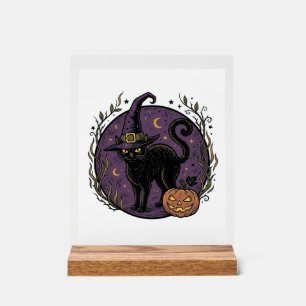 Vintage Witch Cat Halloween Vector Shirt Design_1 Acrylic Sign