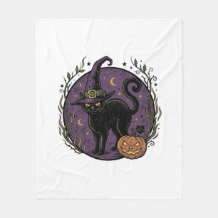 Vintage Witch Cat Halloween Vector Shirt Design_1 Fleece Blanket