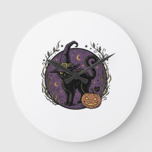 Vintage Witch Cat Halloween Vector Shirt Design_1 Large Clock