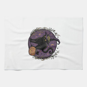 Vintage Witch Cat Halloween Vector Shirt Design_1 Tea Towel