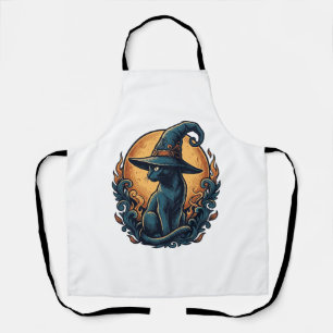 Vintage Witch Cat Moon Halloween Vector Art_1 Apron