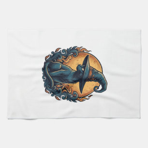 Vintage Witch Cat Moon Halloween Vector Art_1 Tea Towel