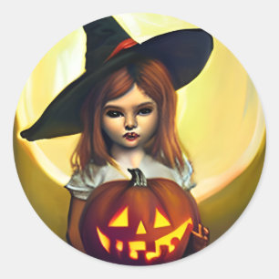 Vintage Witch Child holding a Jack-o-lantern Classic Round Sticker