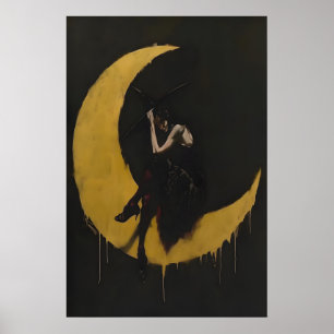 Vintage Witch Crescent Moon Dark Moody Witchy Wall Poster