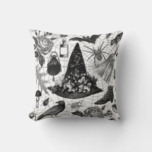 Vintage Witch Floral Halloween Ephemera Cushion