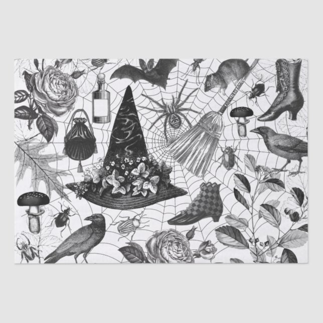 Vintage Witch Floral Halloween Ephemera Tissue Paper (Front)